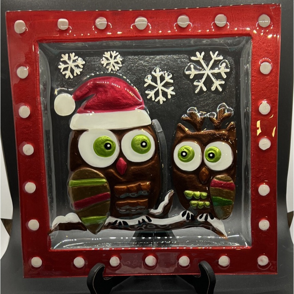 Christmas Platter Reverse‎ Painted Holiday Owls Snowflakes 11.75 X 11.75